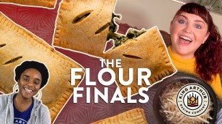 Title graphic over photos of hand pies and bakers